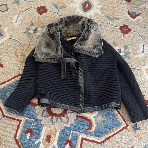 ST. JOHN Designer fur Coat Jacket Leather Wool Rabbit Gray S 4 6 Luxury - Picture 10 of 14